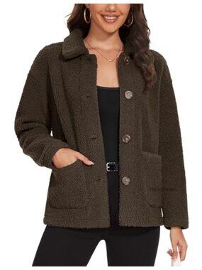 Womens Sherpa Fleece Jacket Fuzzy Warm Winter Button Down Coat Long Sleeve